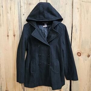 Apostrophe Wool Coat Hooded Medium Double Breasted Jacket Military Black Peacoat